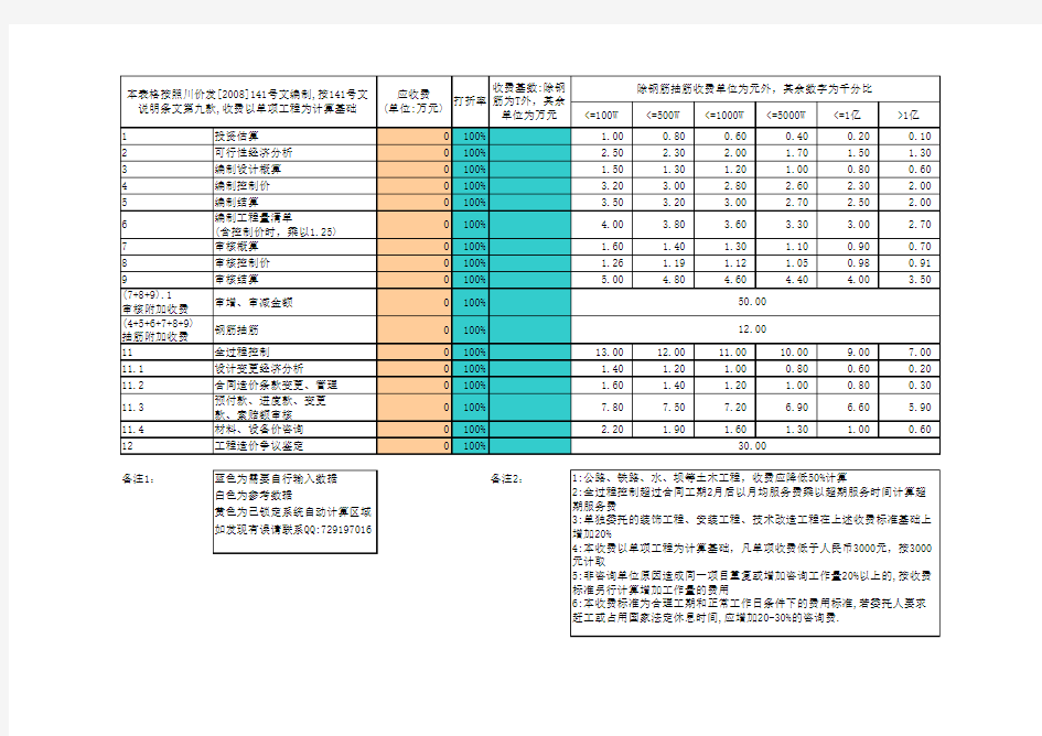 造价收费自动计算表格(0003)--2008年141号文