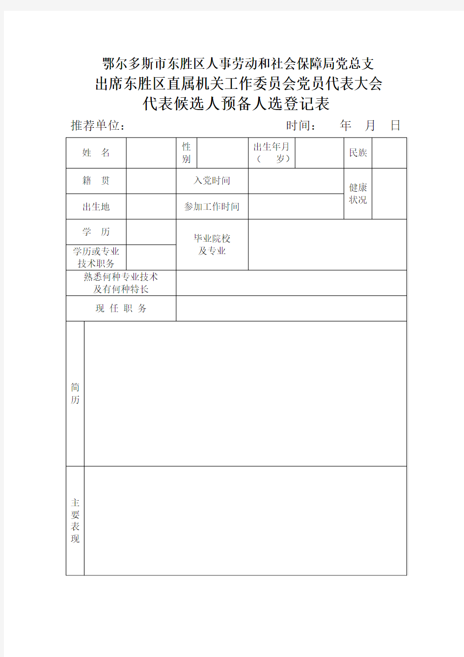 代表候选人预备人选登记表