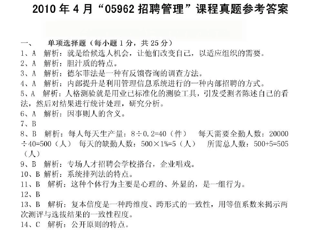 江苏自考2010年4月05962-招聘管理答案