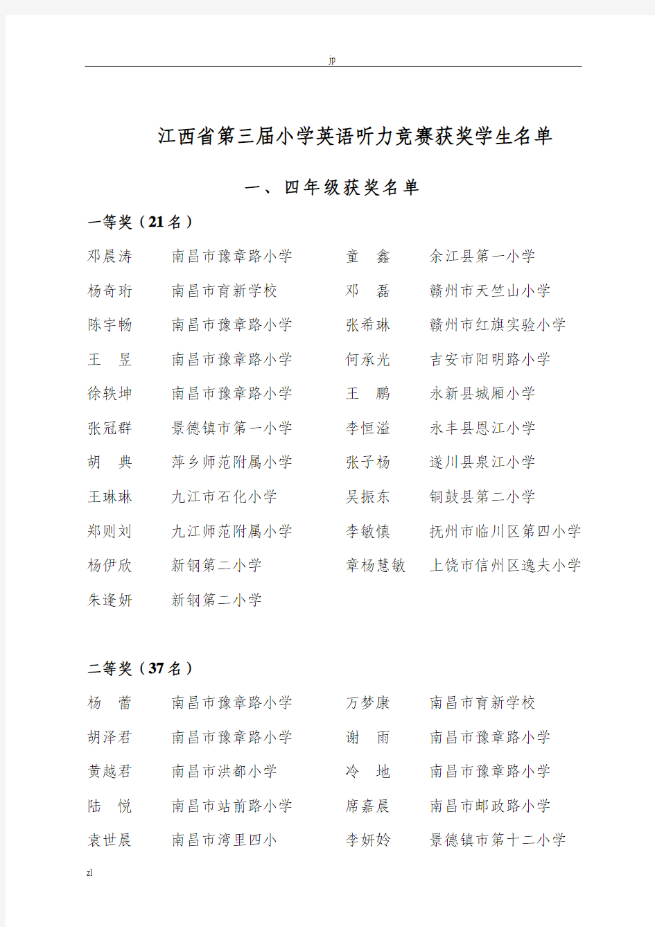 江西省第三届小学英语听力竞赛获奖学生名单