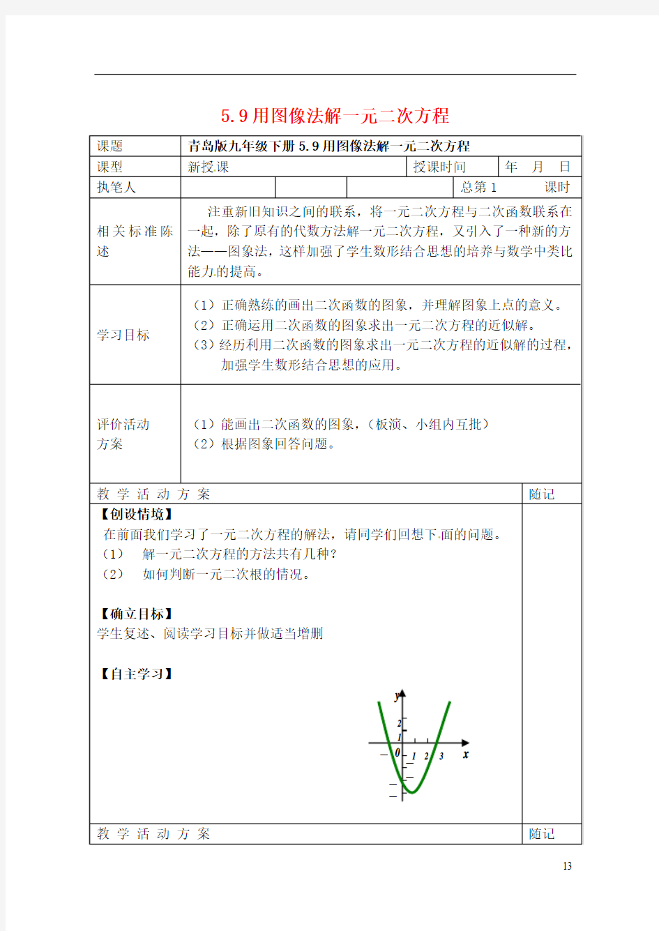 山东省冠县东古城镇中学九年级数学下册《5.9用图像法解一元二次方程》导学案(无答案) 青岛版