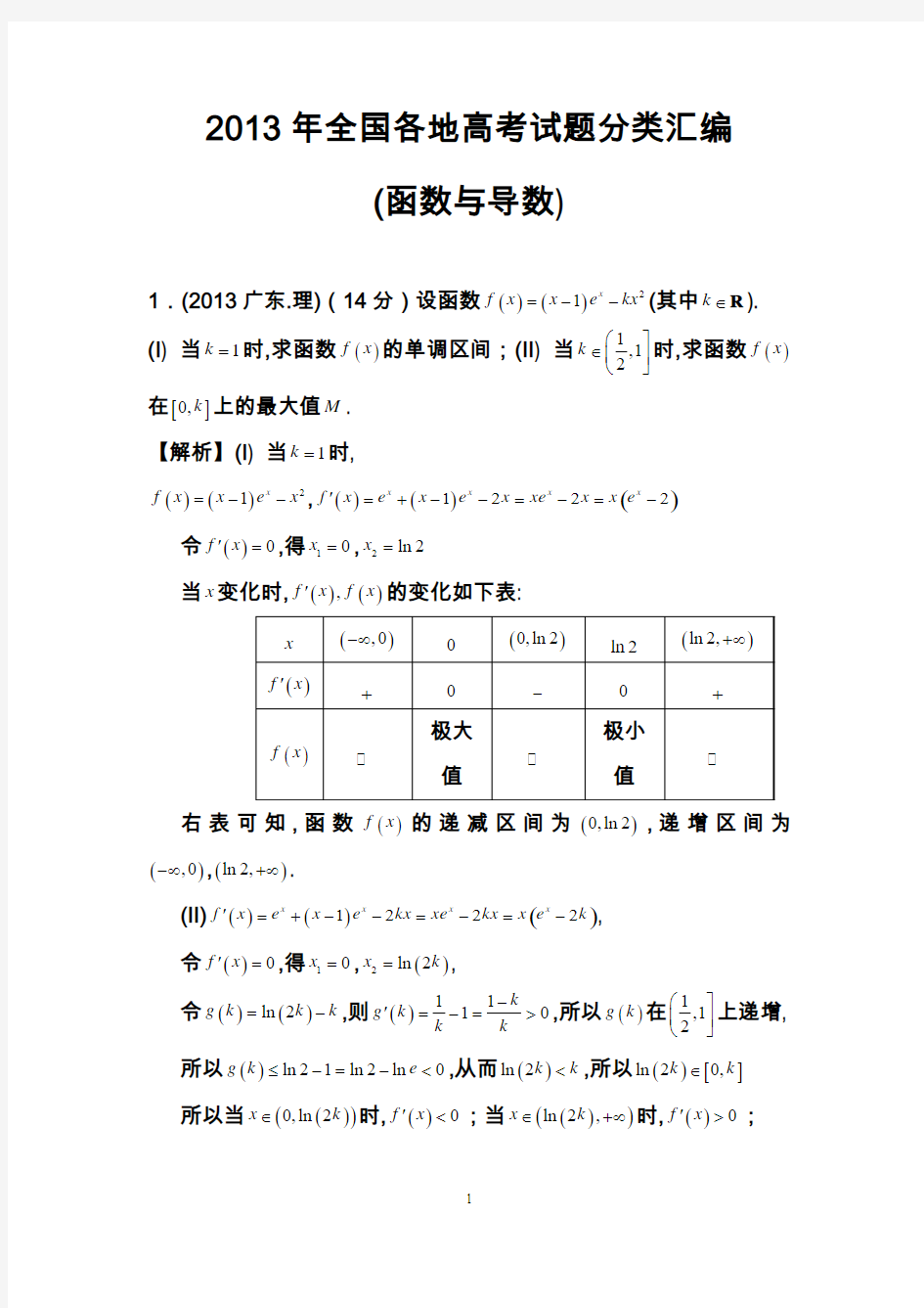 2013年全国各地高考试题分类汇编(函数与导数)