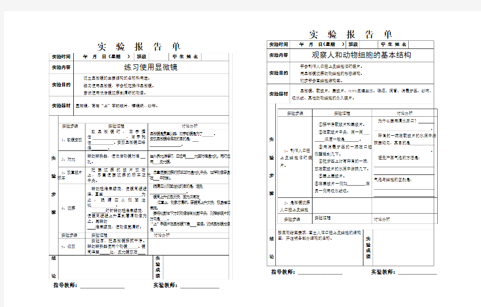 初中生物实验报告单