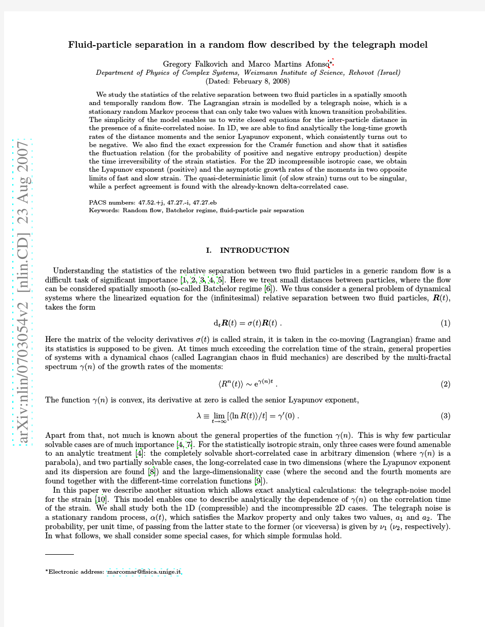 Fluid-particle separation in a random flow described by the telegraph model