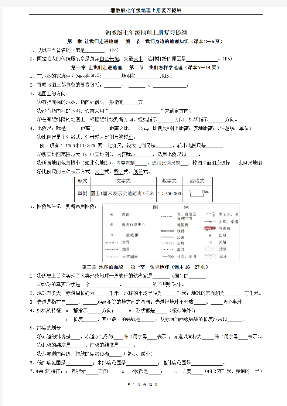 湘教版七年级地理上册复习提纲(供学生用)