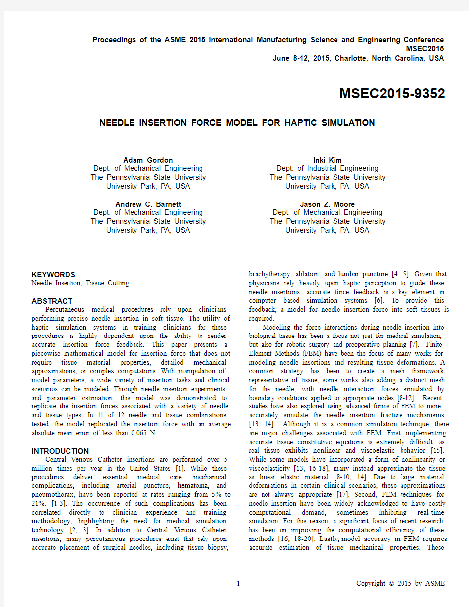 Needle Insertion Force Model for Haptic Simulation(手术线交互仿真)