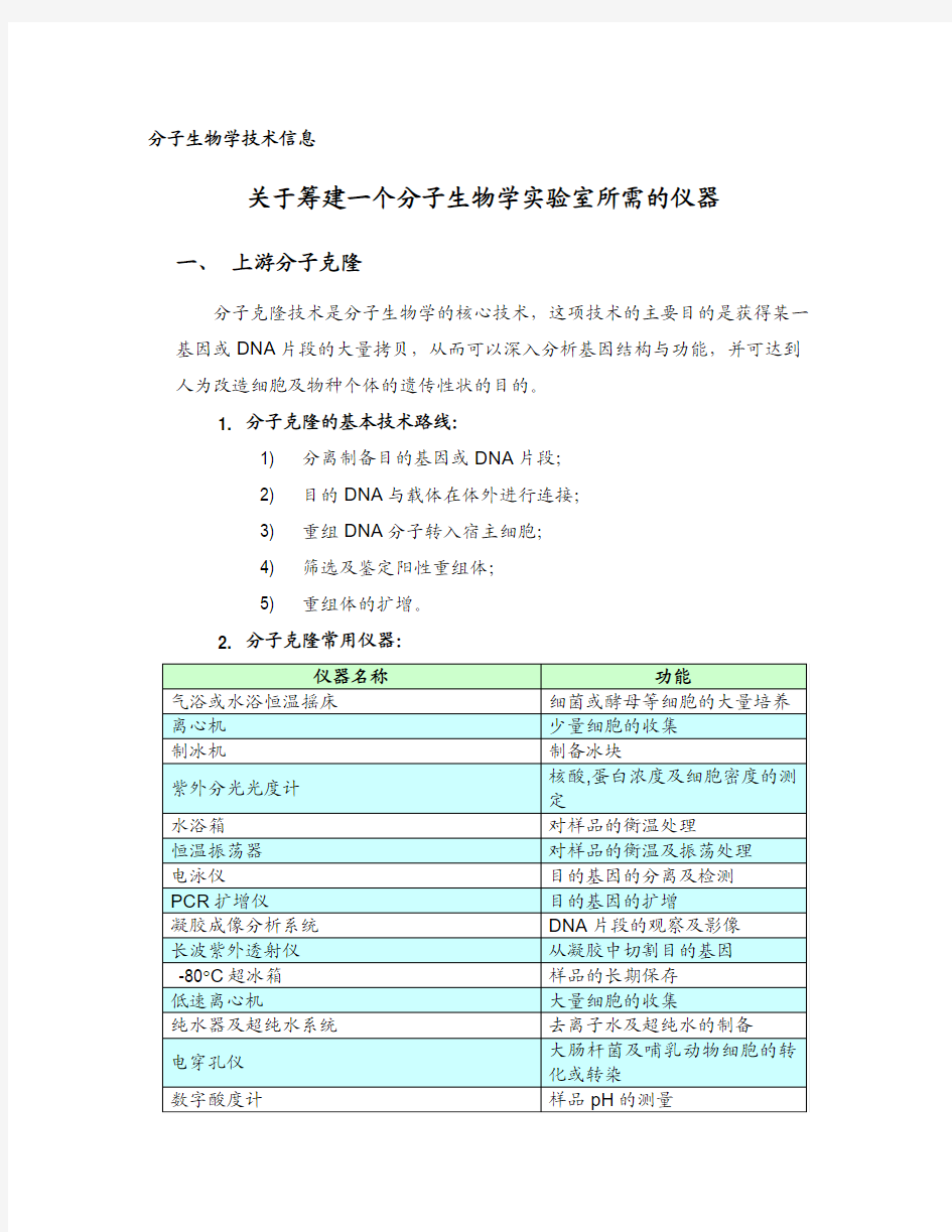 建立一个分子生物学实验室所需的仪器