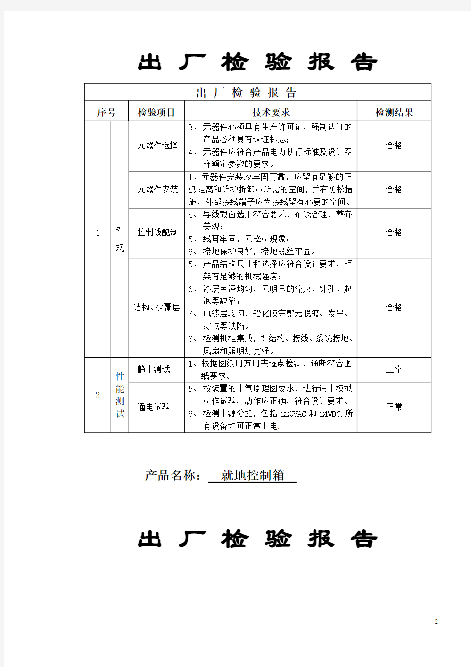 控制柜出厂检验报告(plc+变频+就地)