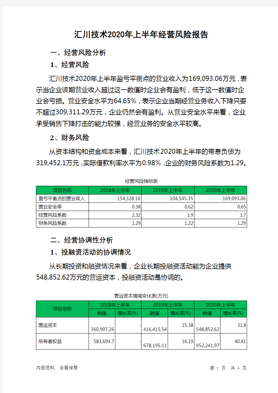 汇川技术2020年上半年经营风险报告