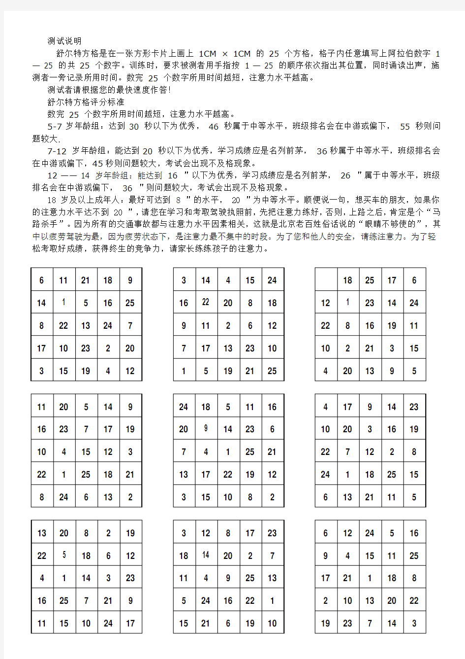 舒尔特方格注意力训练方法