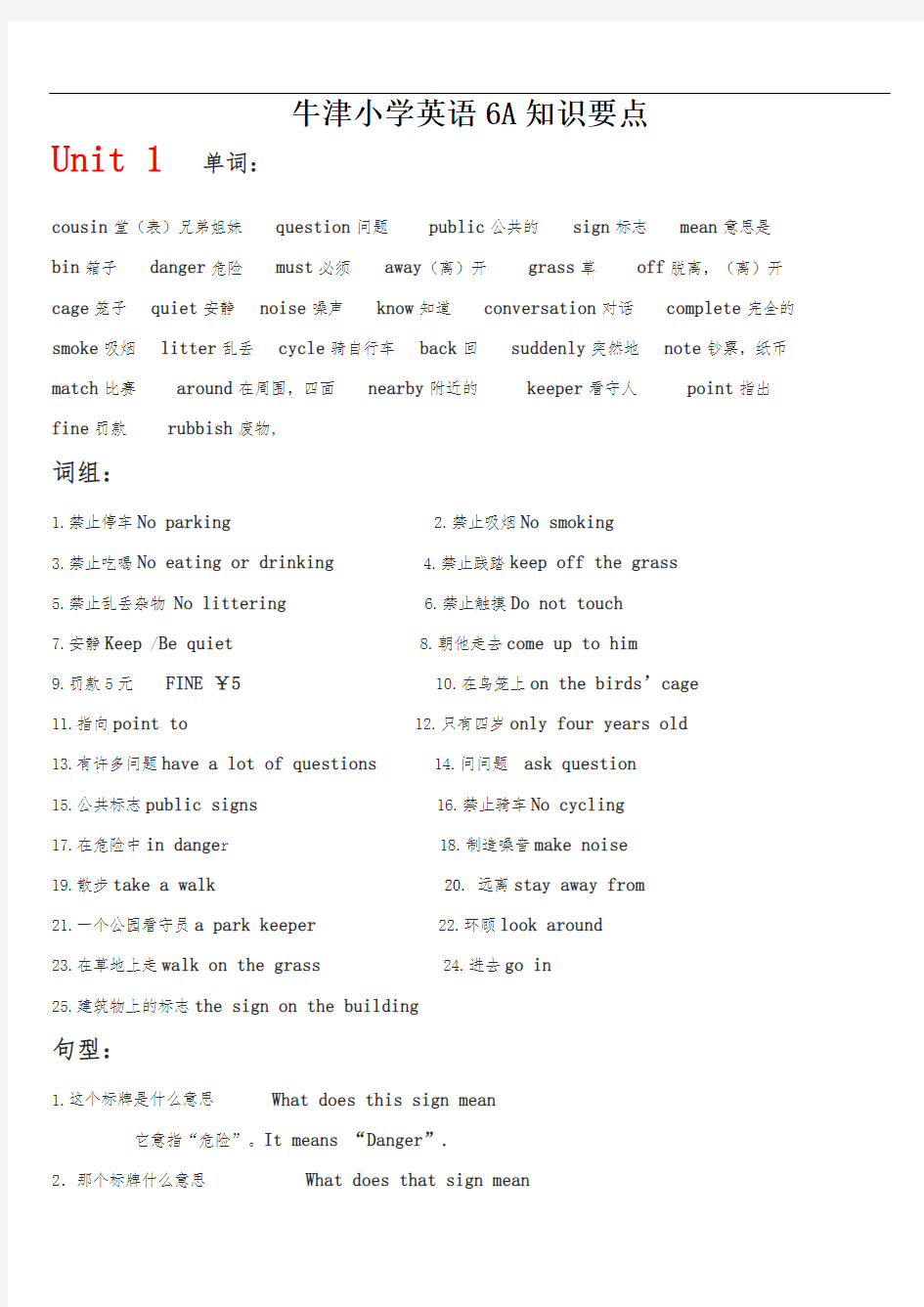 牛津小学英语6A-知识要点汇总