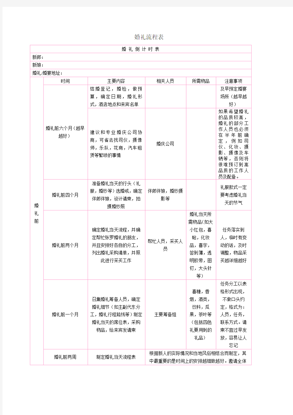 婚礼前期准备流程表