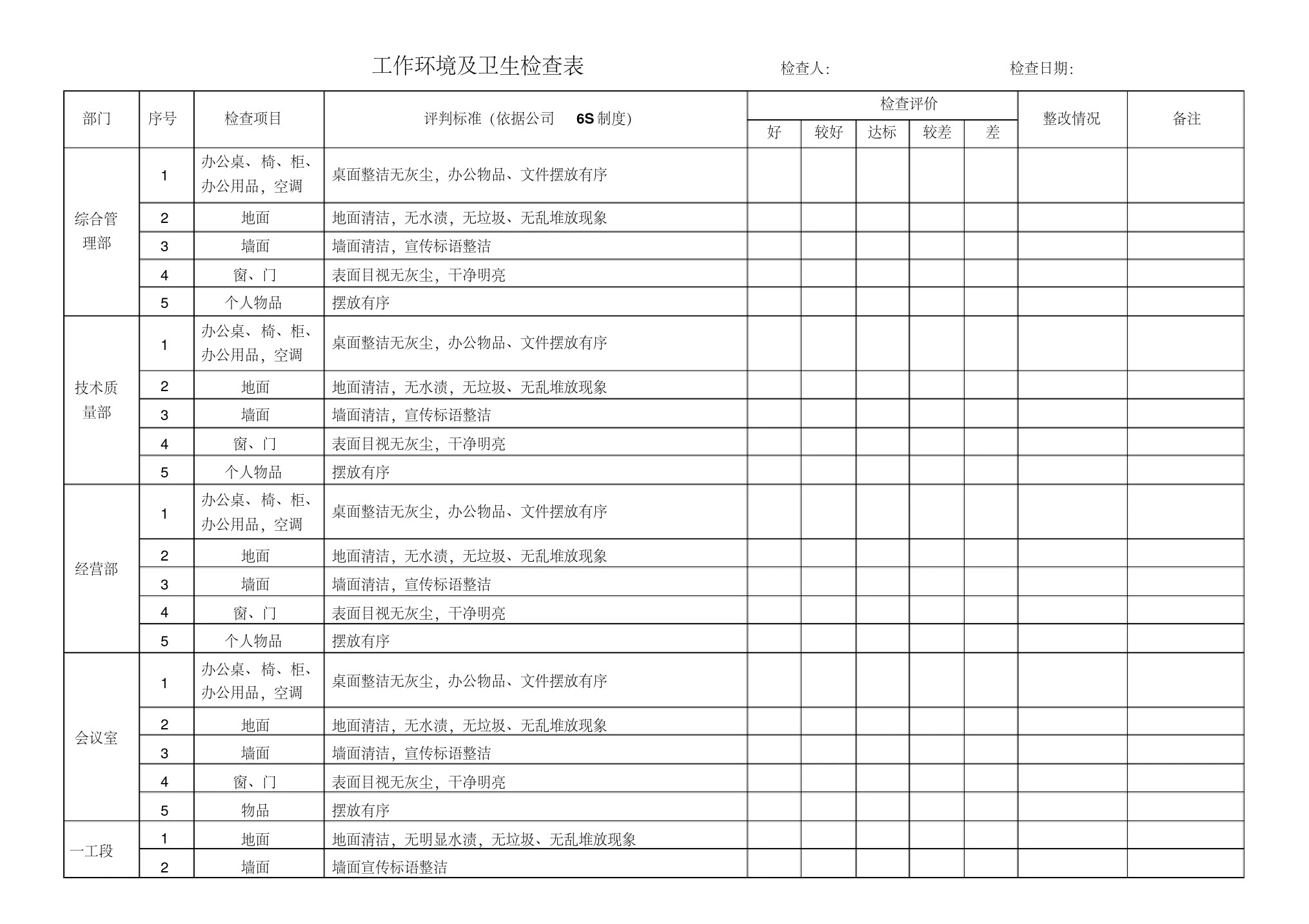 公司环境卫生检查表