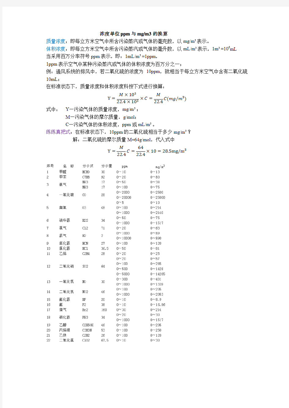 浓度单位ppm与mg换算