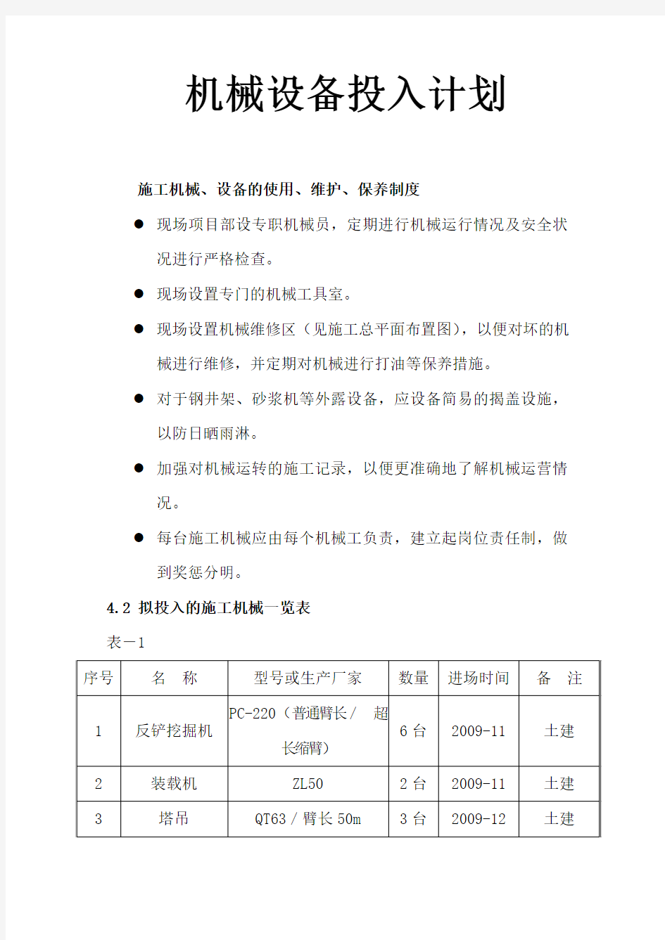 机械设备投入计划 新