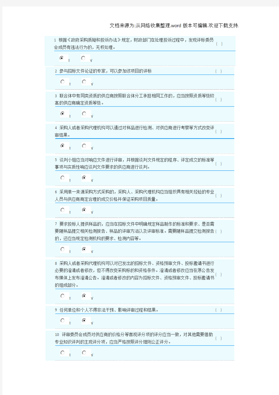 2020年湖南省政府采购评审专家库培训测评判断题部分答案(供参考)