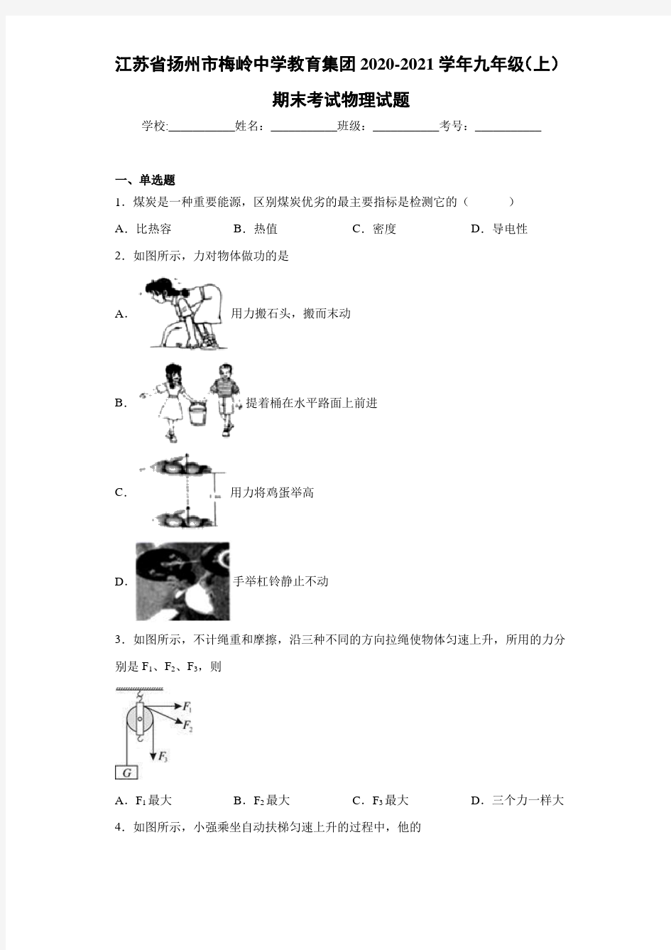 江苏省扬州市梅岭中学教育集团2020-2021学年九年级(上)期末考试物理试题