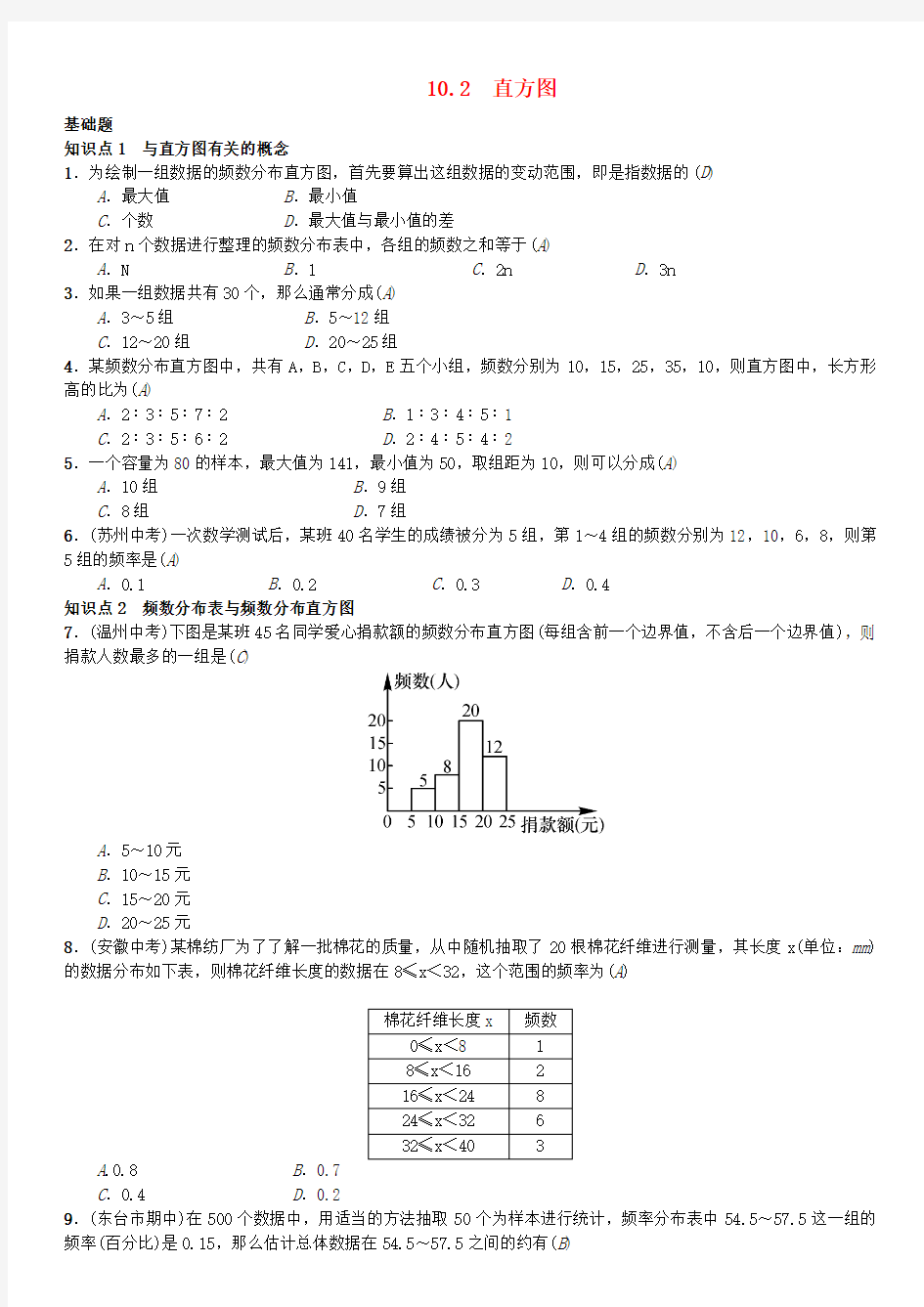 新人教版数学七年级下册：直方图习题