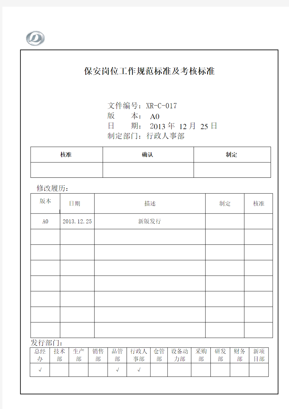 保安岗位工作规范标准及考核标准