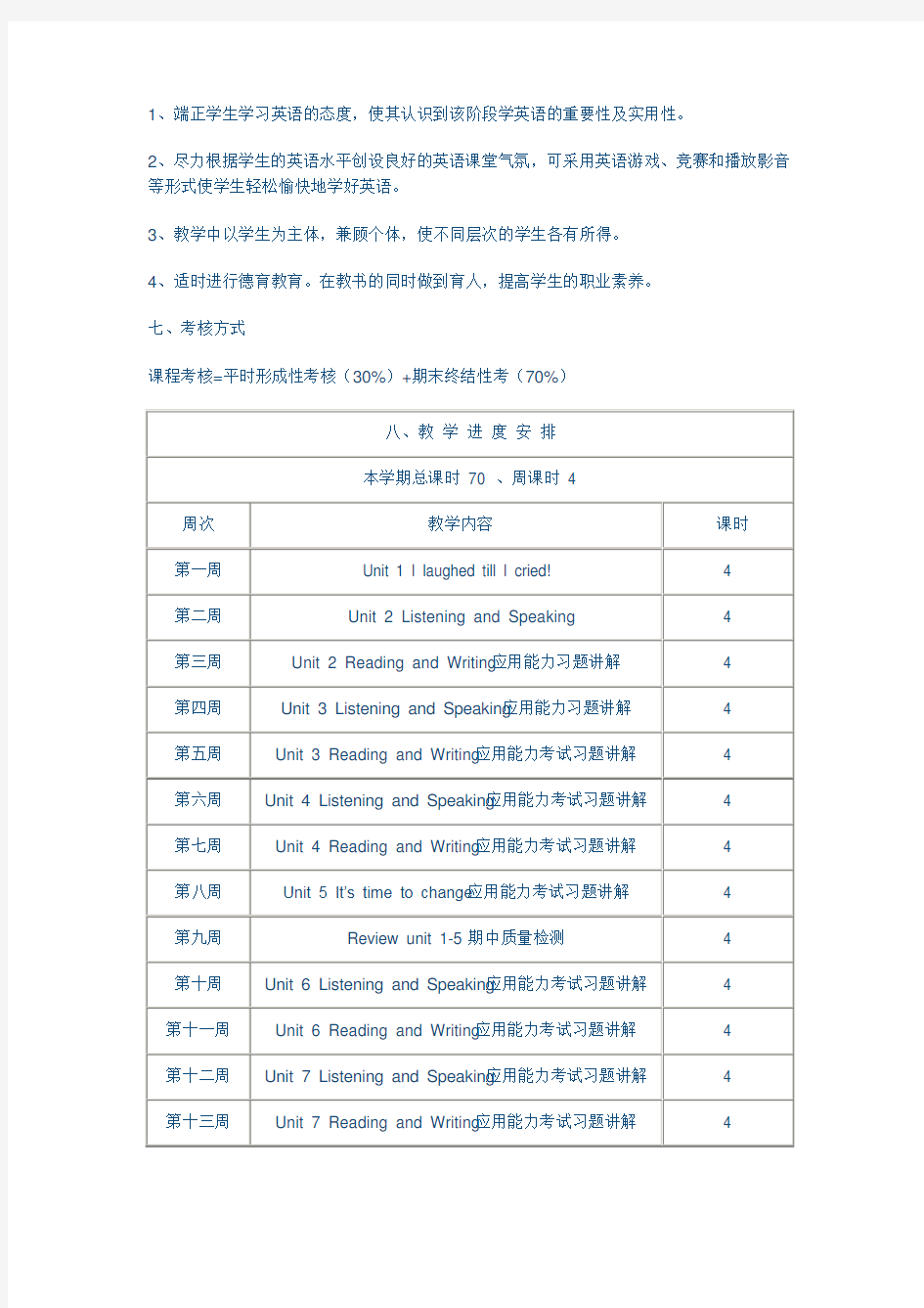 中职英语课程教学计划