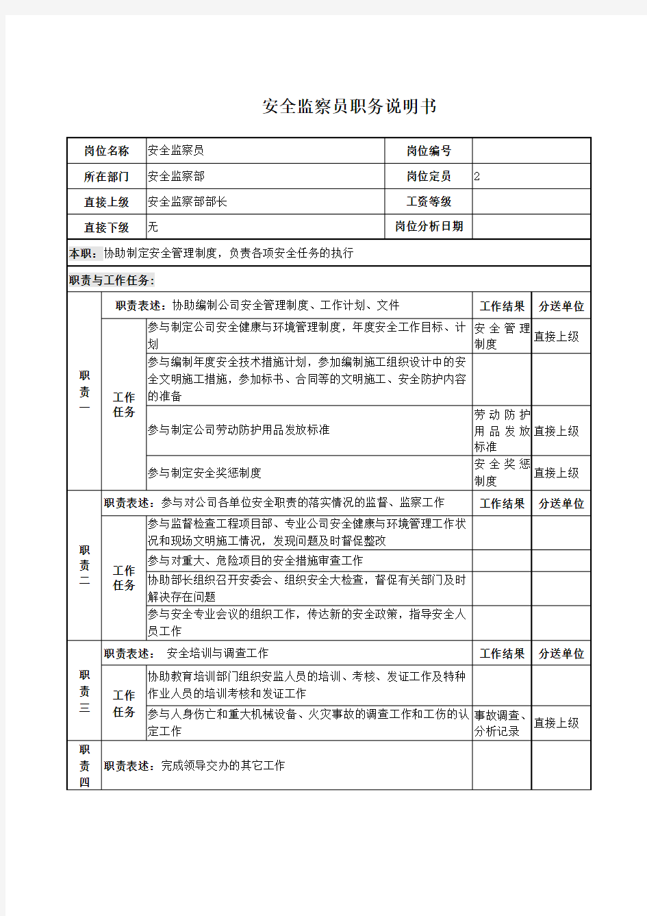 电力公司安全监察员职务描述