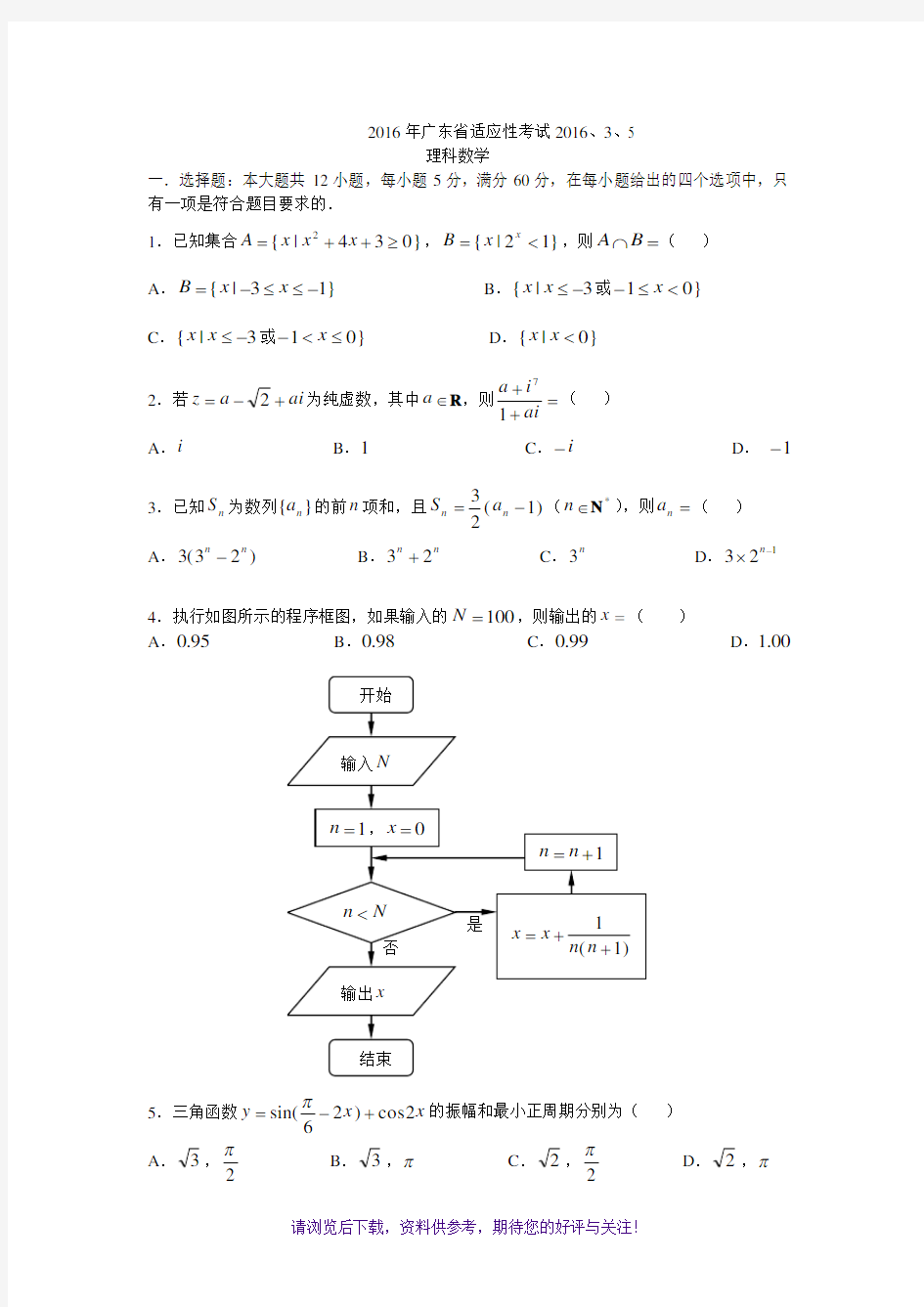 2016年广东适应性考试理科数学试题(一模)