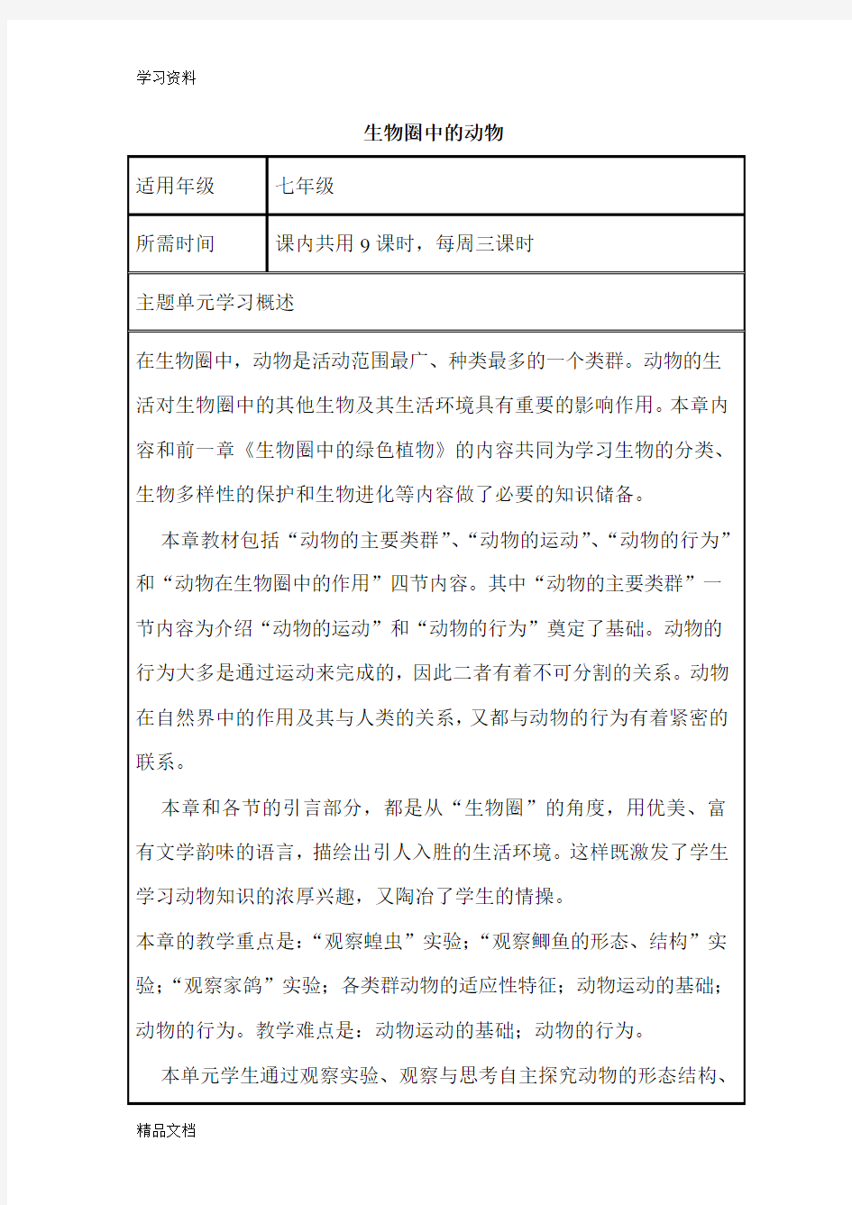 最新初中生物《生物圈中的动物》单元教学设计以及思维导图知识讲解