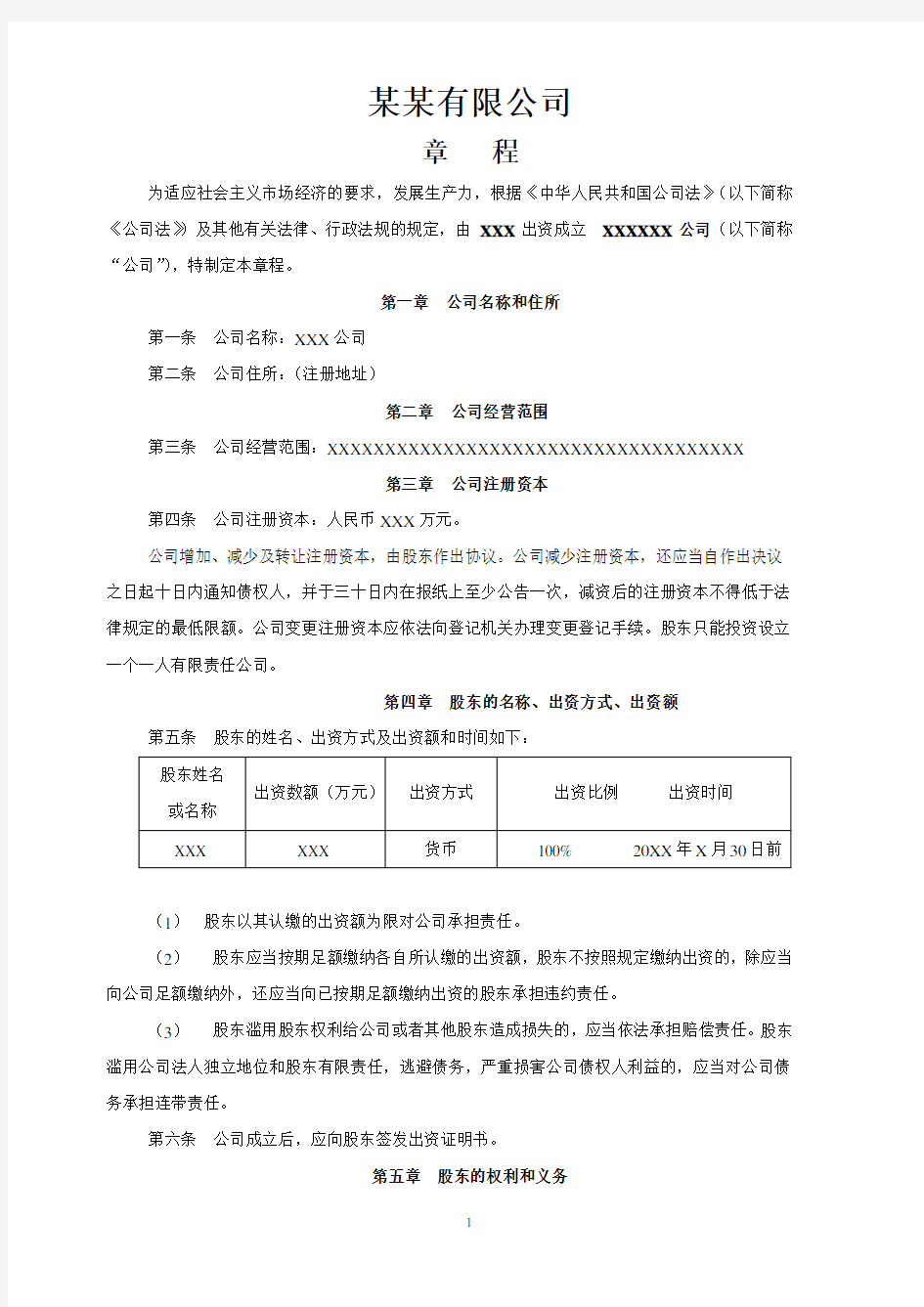 自然人独资公司章程样本