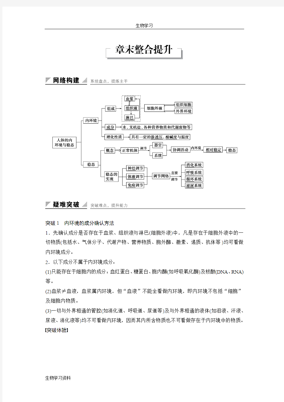 2016年高中人教版生物必修3练习：第1章 章末整合提升 Word版含答案