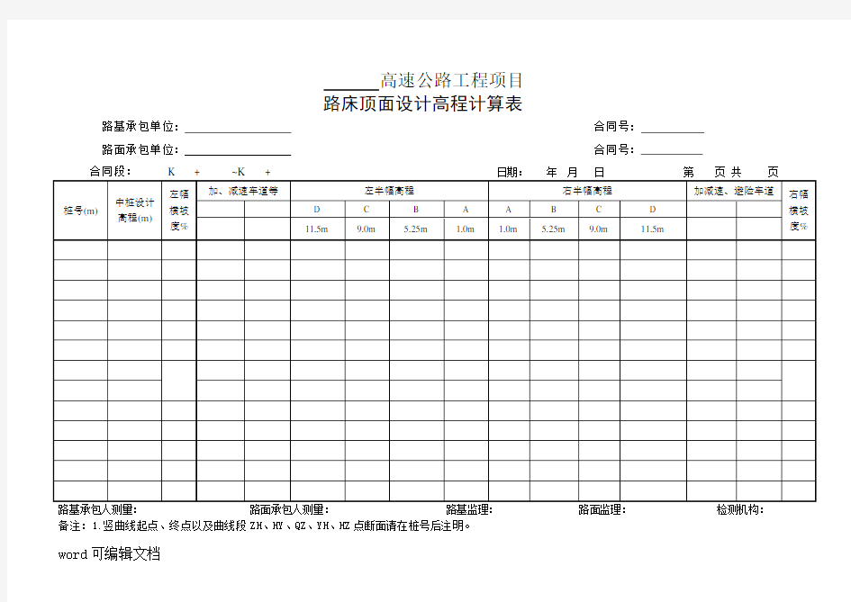 路床顶面设计高程计算表