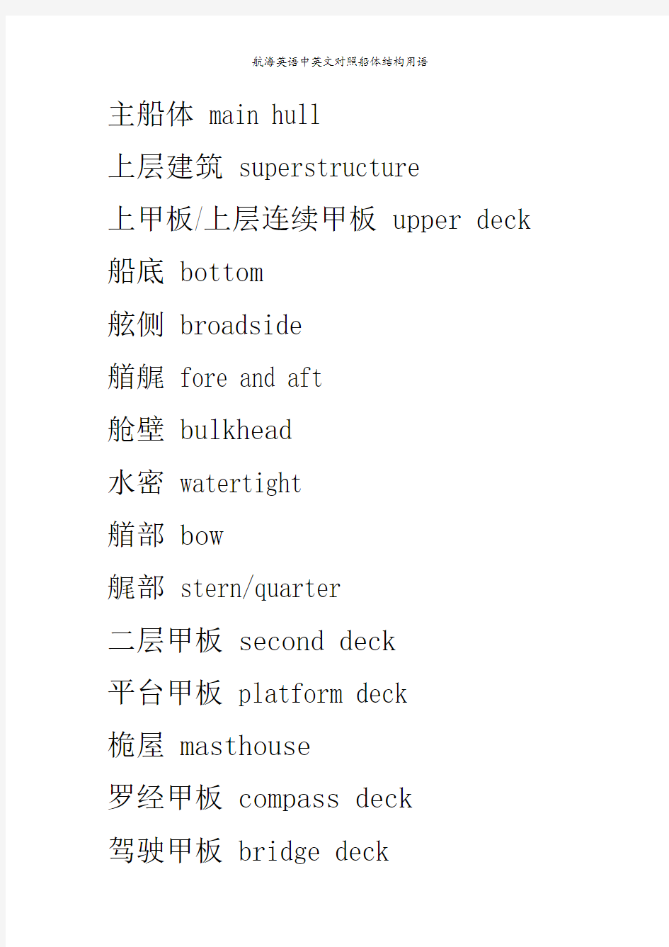 航海英语中英文对照船体结构用语