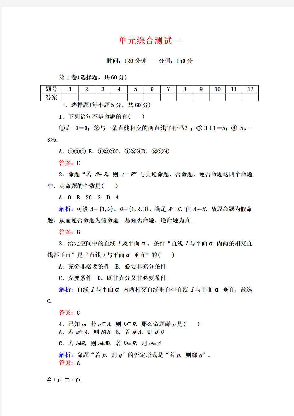 高中数学人教A版选修2-1    常用逻辑用语 单元综合测试 (5)