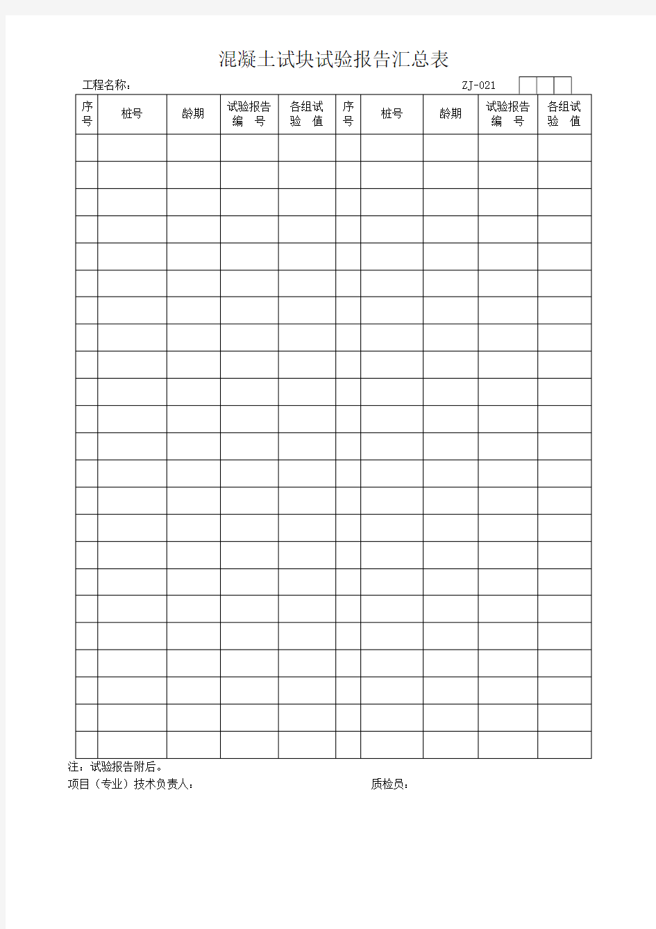 混凝土试块试验报告汇总表