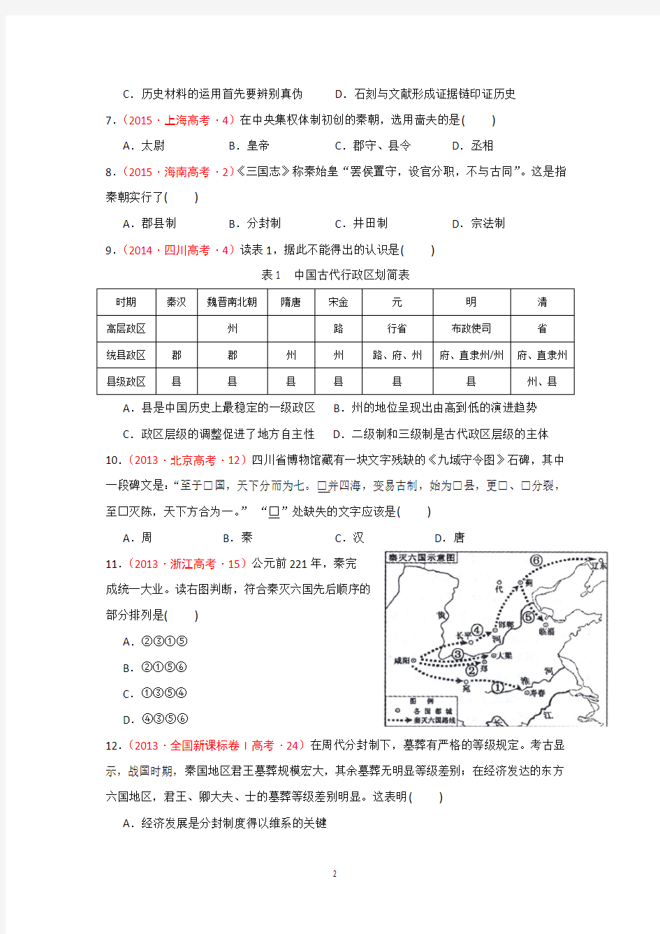 历史必修二第2课 秦朝中央集权制度的形成十年高考汇编