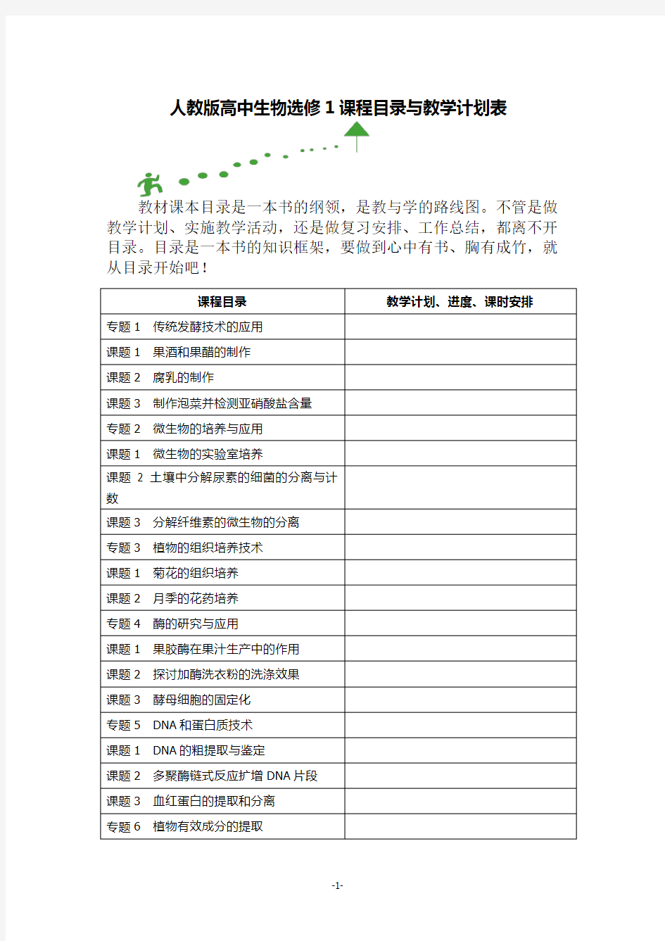 人教版高中生物选修1课程目录与教学计划表