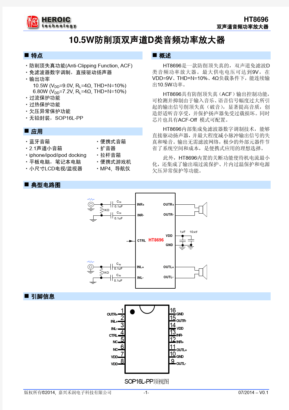 HT8696双声道10.5W D类功放