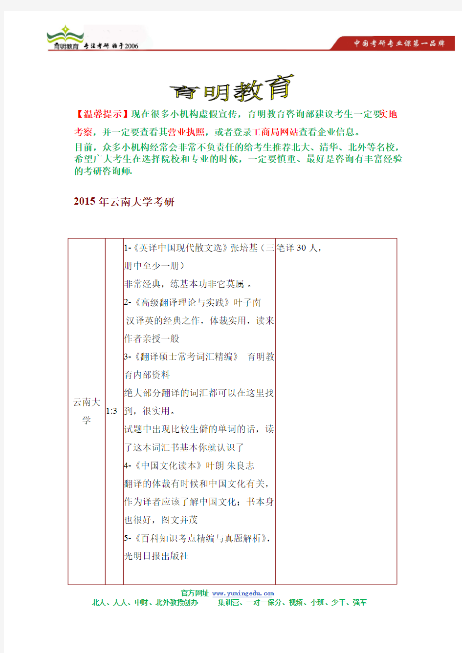 2015年云南大学翻译硕士(MTI)考研参考书,考研报录比