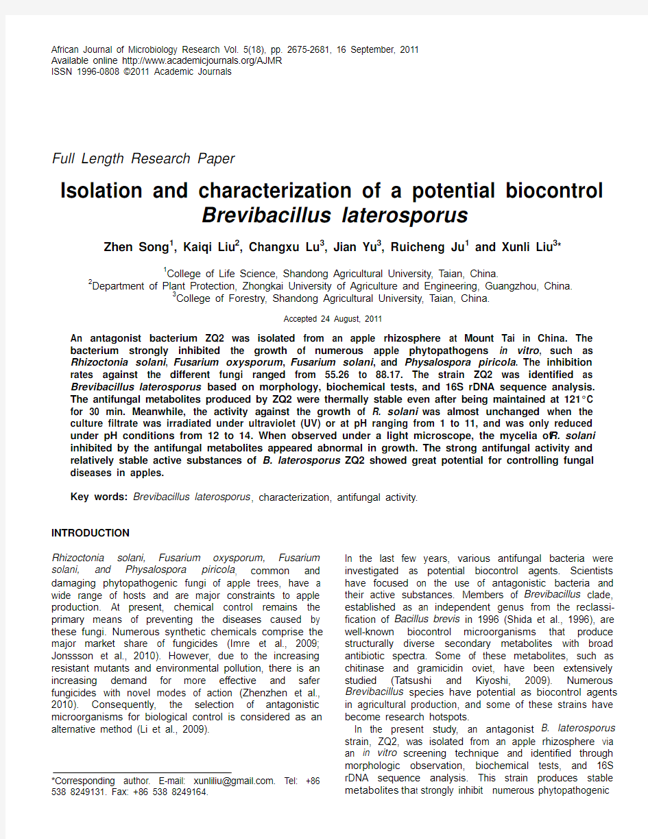 Isolation and characterization of a potential biocontrol Brevibacillus laterosporus