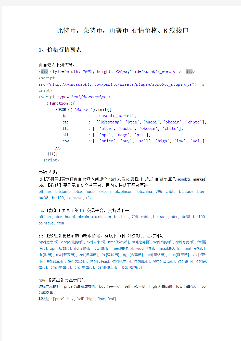 比特币、莱特币、山寨币_实时价格行情、K线图接口API