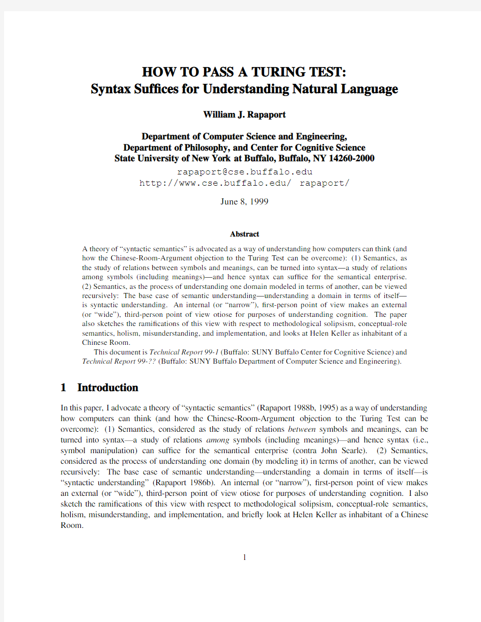 HOW TO PASS A TURING TEST Syntax Suffices for Understanding Natural Language