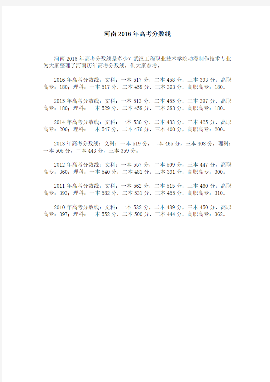 河南2016年高考分数线