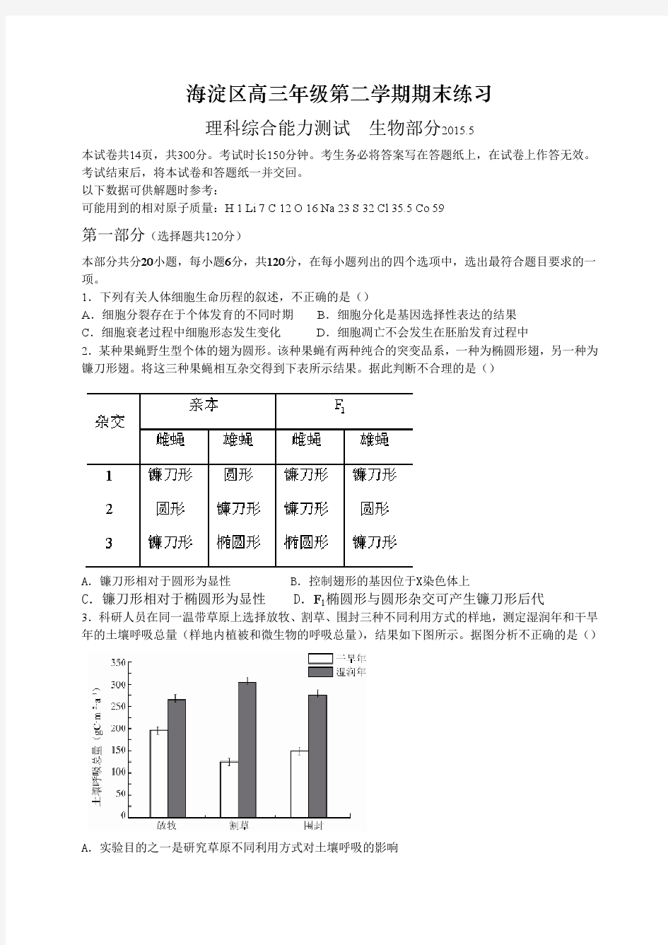 北京市海淀区2015年高三年级第二学期期末练习理综试题及答案