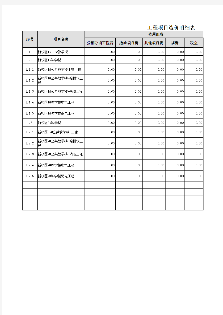 工程项目造价明细表