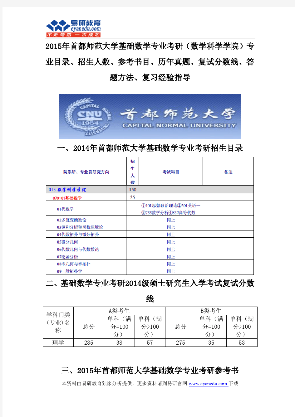 2015首都师范大学基础数学专业考研(数学科学学院)专业目录招生人数参考书目历年真题复试分数线答题方法