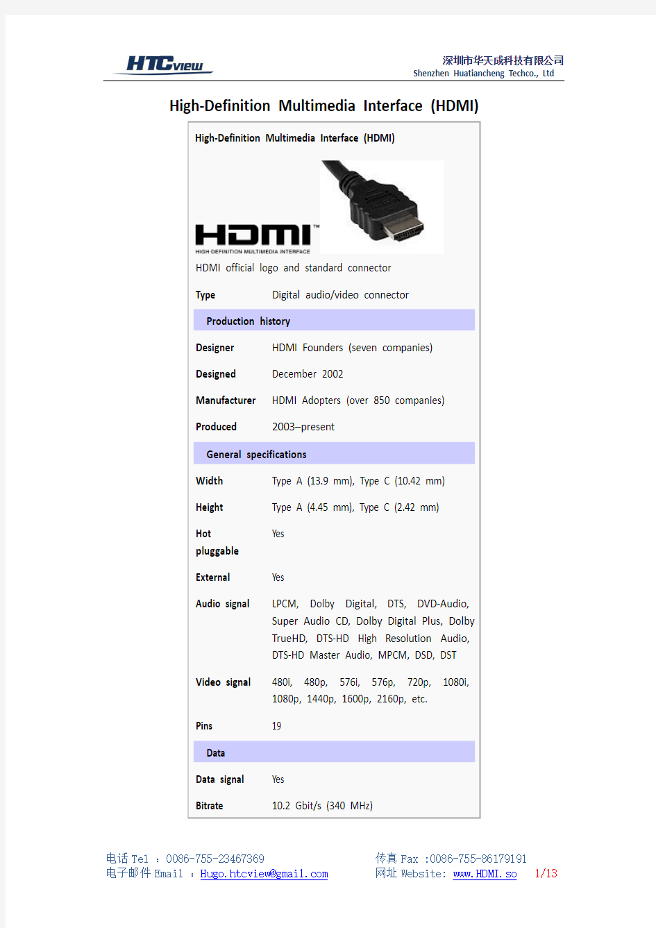 HDMI高清晰度多媒体接口英文介绍