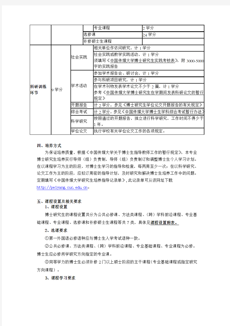 中国传媒大学XXXX版博士研究生培养方案《艺术学》