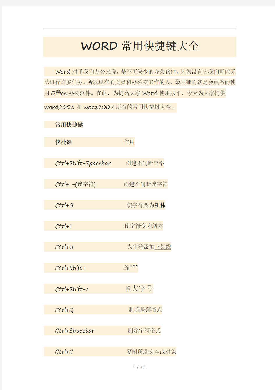 WORD常用快捷键大全