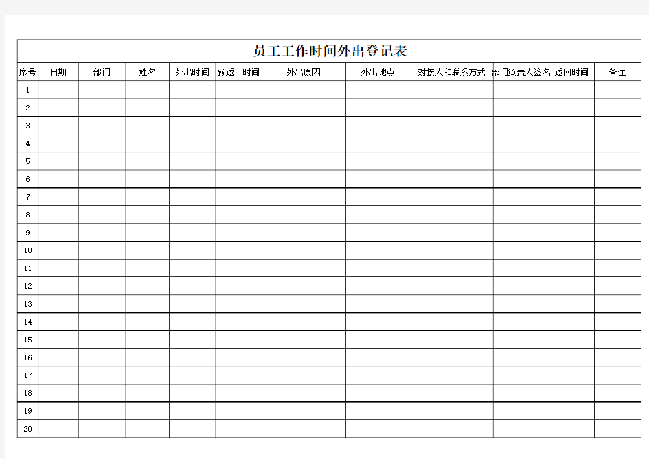 员工工作时间外出登记表