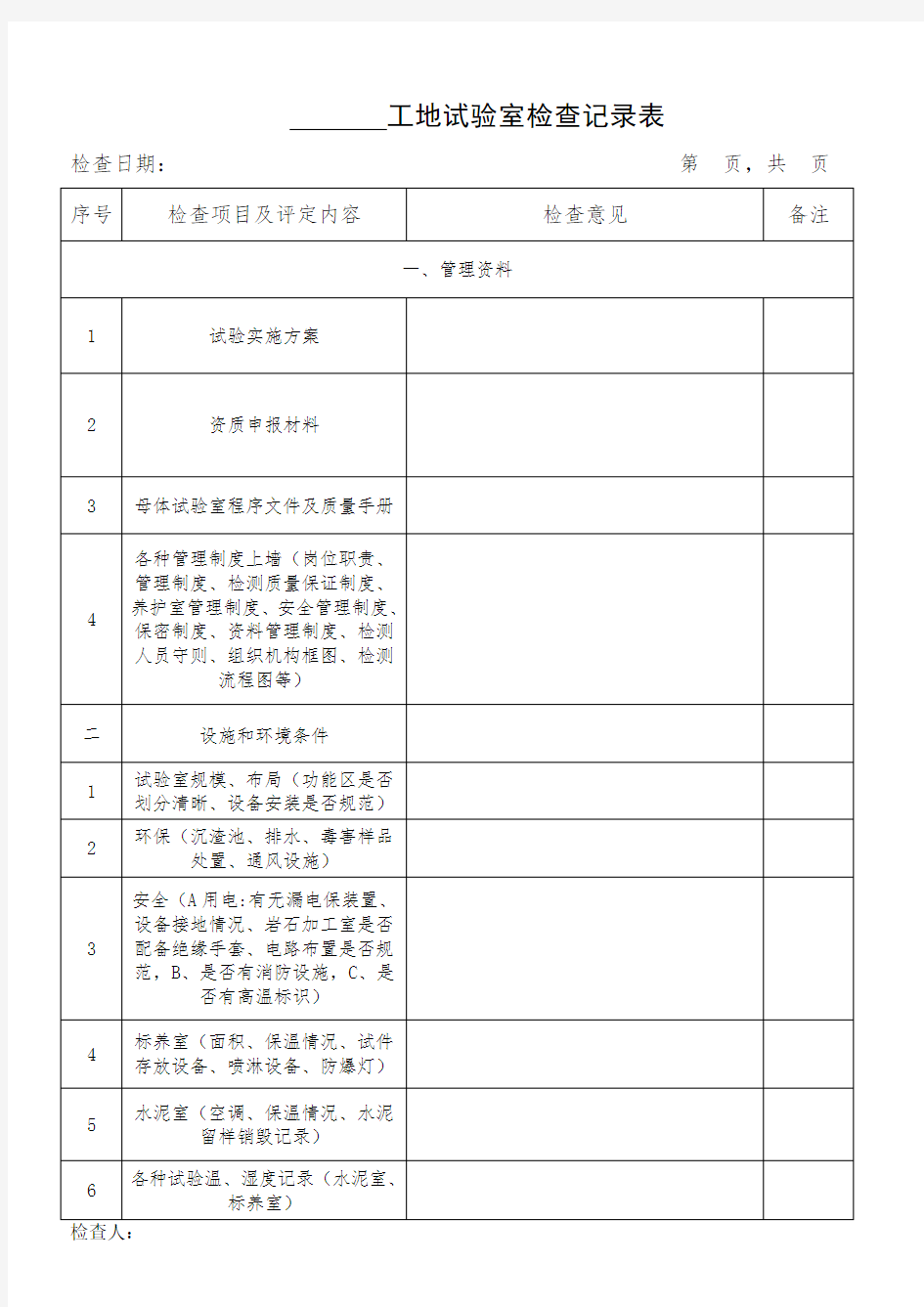 公路工程工地试验室验收记录表