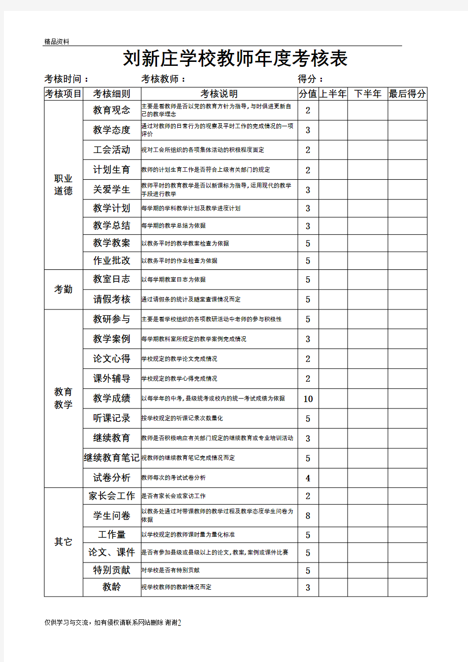 刘新庄学校教师年度考核表资料